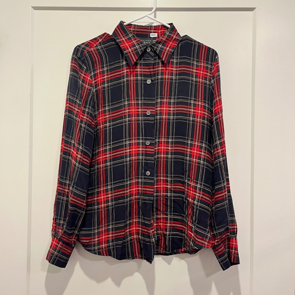 Linda Allard Ellen Tracy 100% Silk Plaid Button Up Blouse Navy Red Size 10